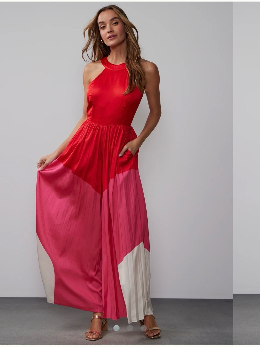 New York & Company Red and Pink Colorblock Halter Maxi Jumpsuit!